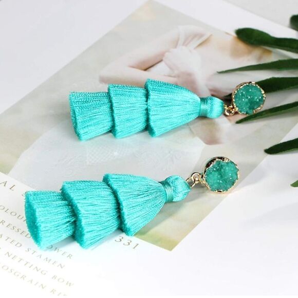 14K Yellow Gold with Turquoise Blue Silk Thread Tassel and Quartz Druzy Earrings - Picture 2 of 8